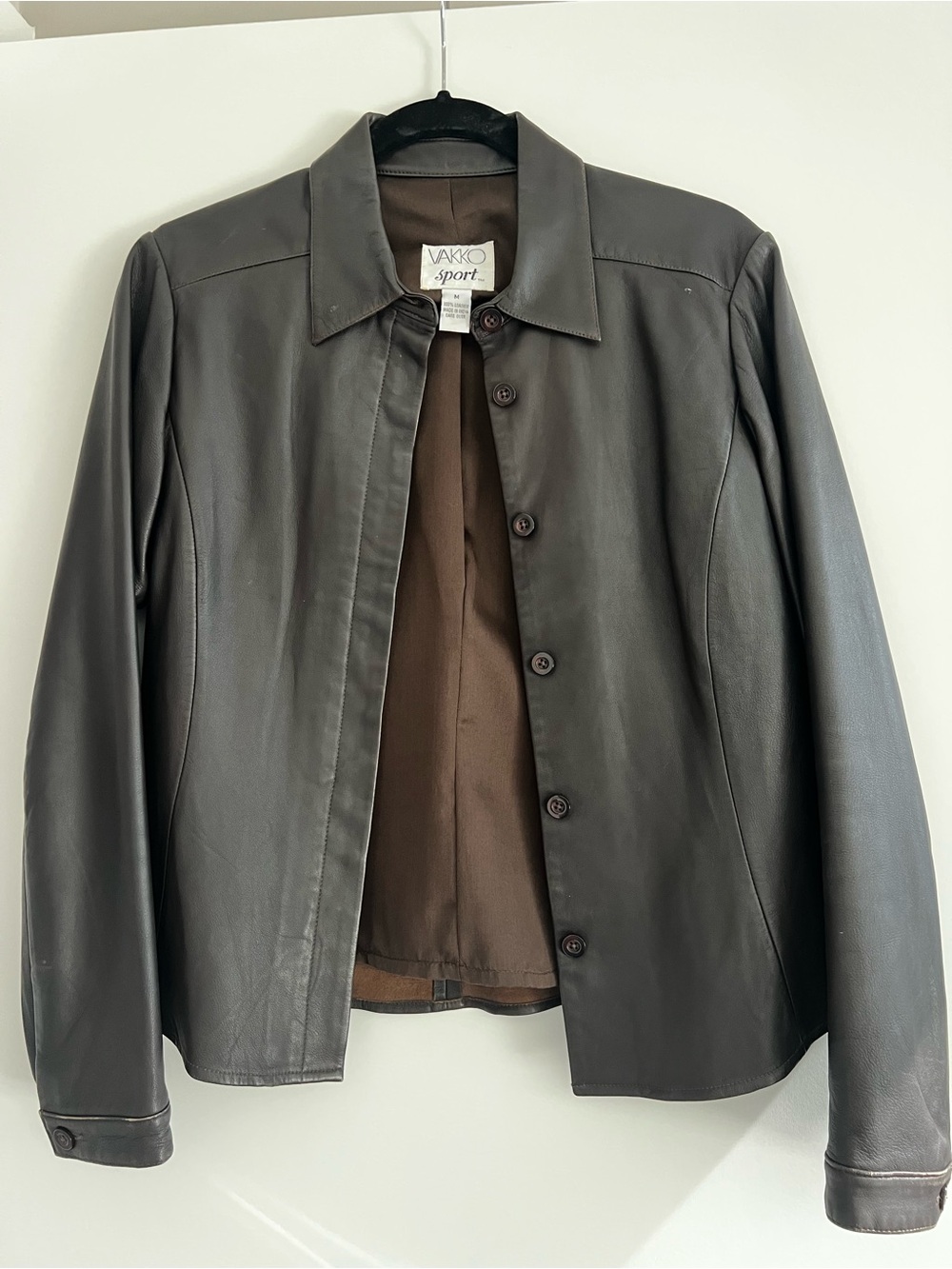 Vakko Designer Brown Leather Button-Front Jacket
